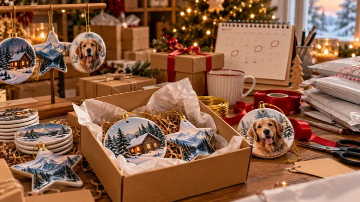 Three white round ceramic ornaments on pine branches, featuring a golden retriever in a red scarf, a watercolor snowy cabin and a gingerbread family, with gift boxes and fairy lights