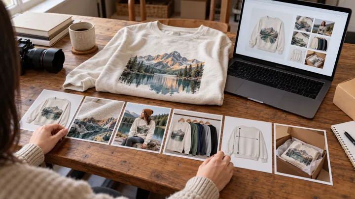 Masada yan yana dizilmiş, aynı orman yeşili milli park sweatshirt'ünün altı basılı fotoğrafı: önden, baskı yakın planı, dışarıda arkadan giyilmiş, sandalyede katlanmış, cetvel yanında ve kraft kutuda